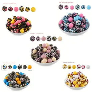 30Pcs/Set, Hexagonal Printed Silicone Beads and Silicone Round Beads, featuring a variety of color combinations. Ideal for DIY projects like necklaces, bracelets, beaded pens, and backpack charms. Diy Mix Beads