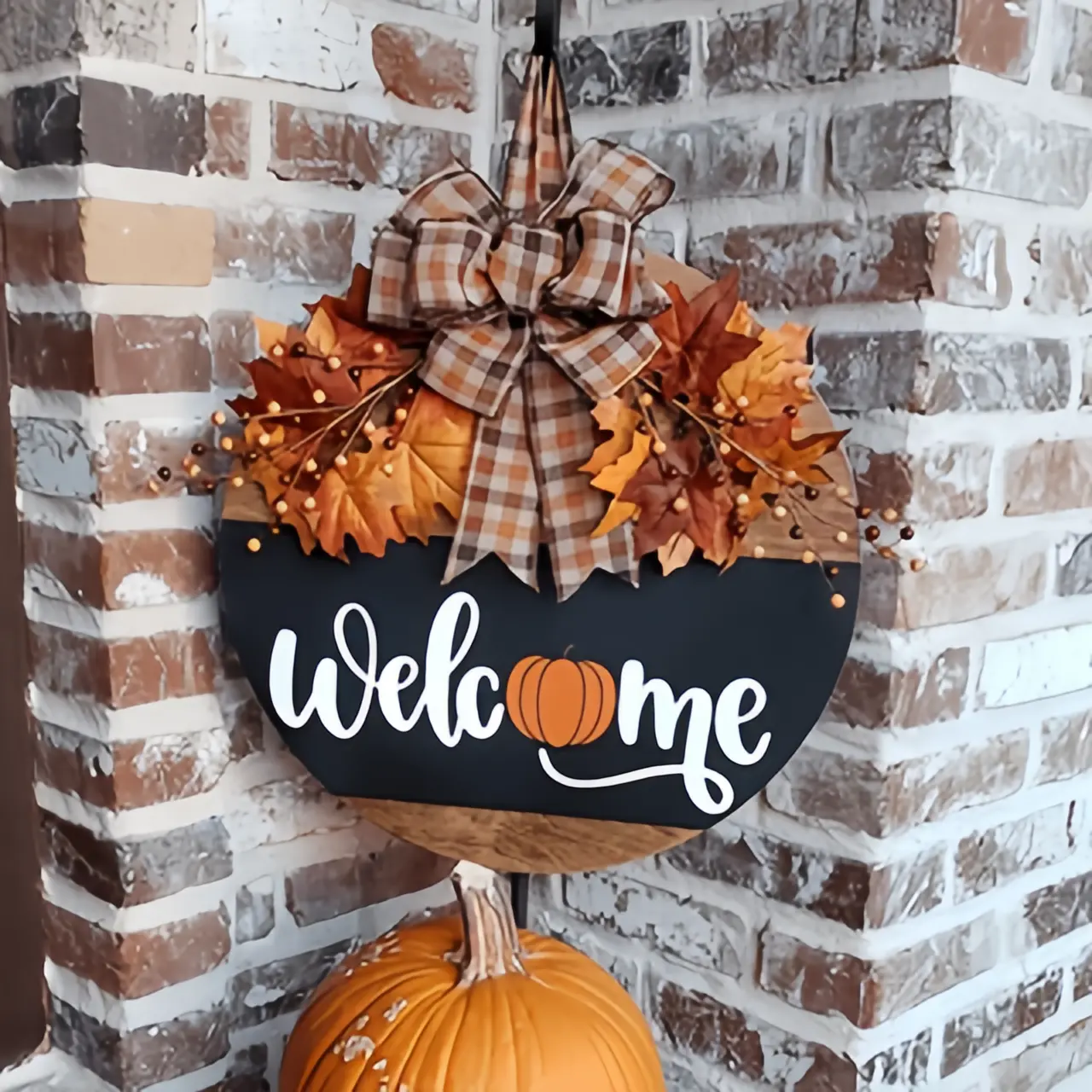 Rustic Farmhouse Fall Welcome Door Hanger, Wooden Pumpkin & Leaf Front Door Decor with Plaid Bow, Autumn Porch & Entryway Decoration