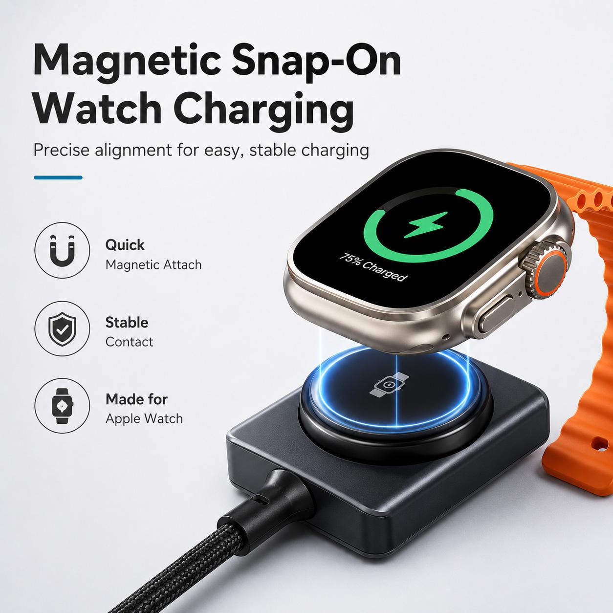 2-in-1 Fast Charging Cable,with Magnetic Watch Charger,100W USB-C PD Fast Charging Braided Cable,5W Magnetic Smartwatch Charger,480Mbps Data Sync Cord Durable Braided Wire for All Device