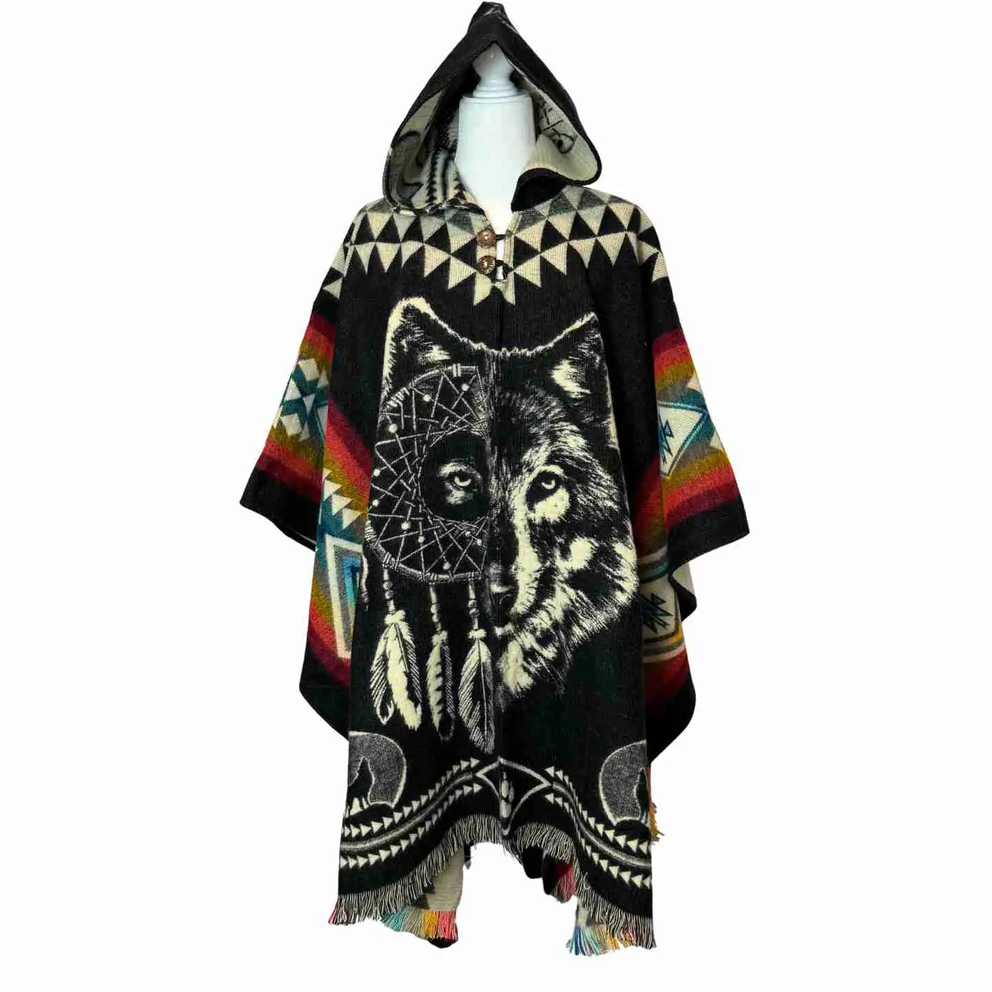 Unisex Alpaca Hooded Poncho Wolf Designs