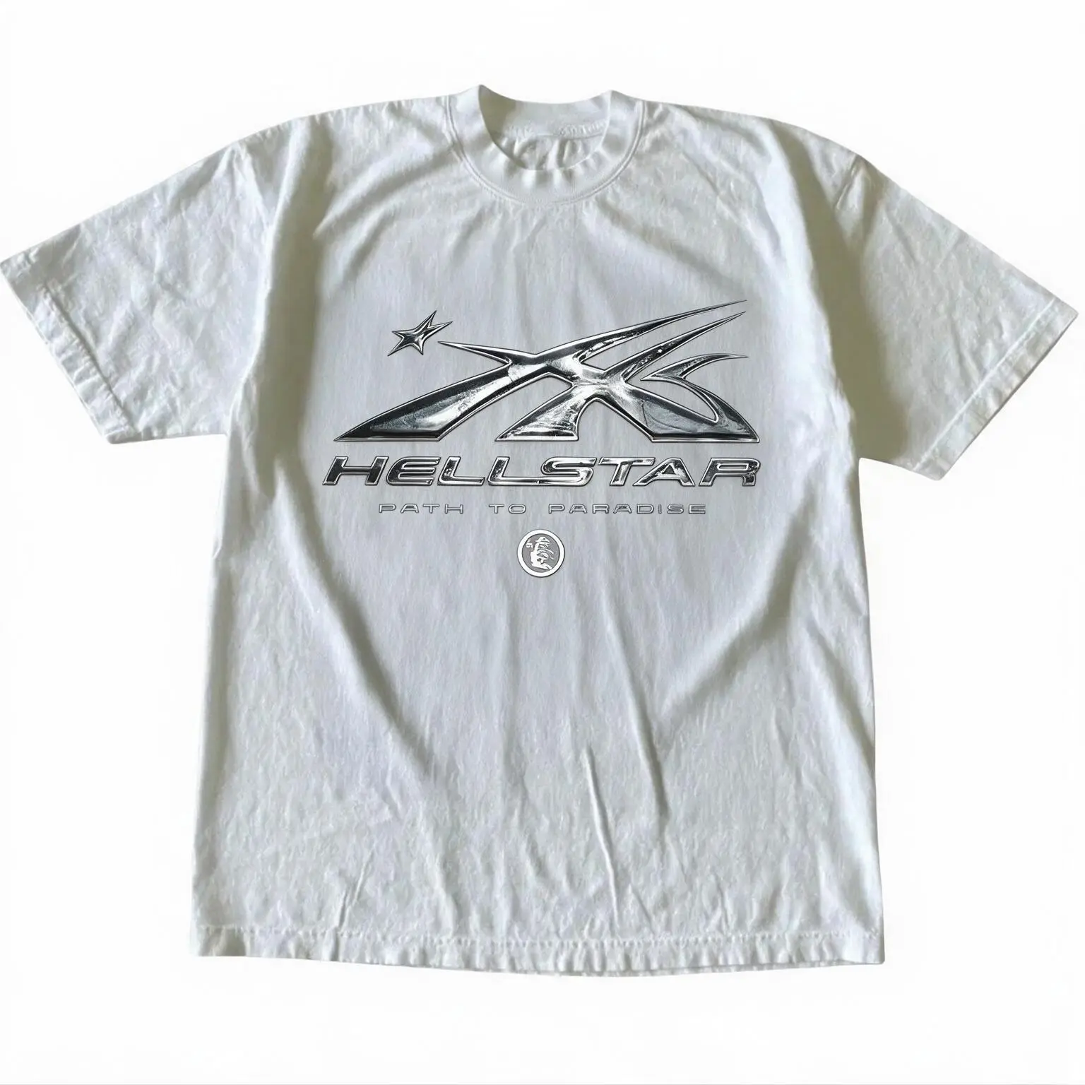 Clean white Hellstar streetwear tee with sharp metallic graphic print, comfy oversized cut. Must‑have for hip‑hop street style, great for daily wear, hangouts and casual fits.
