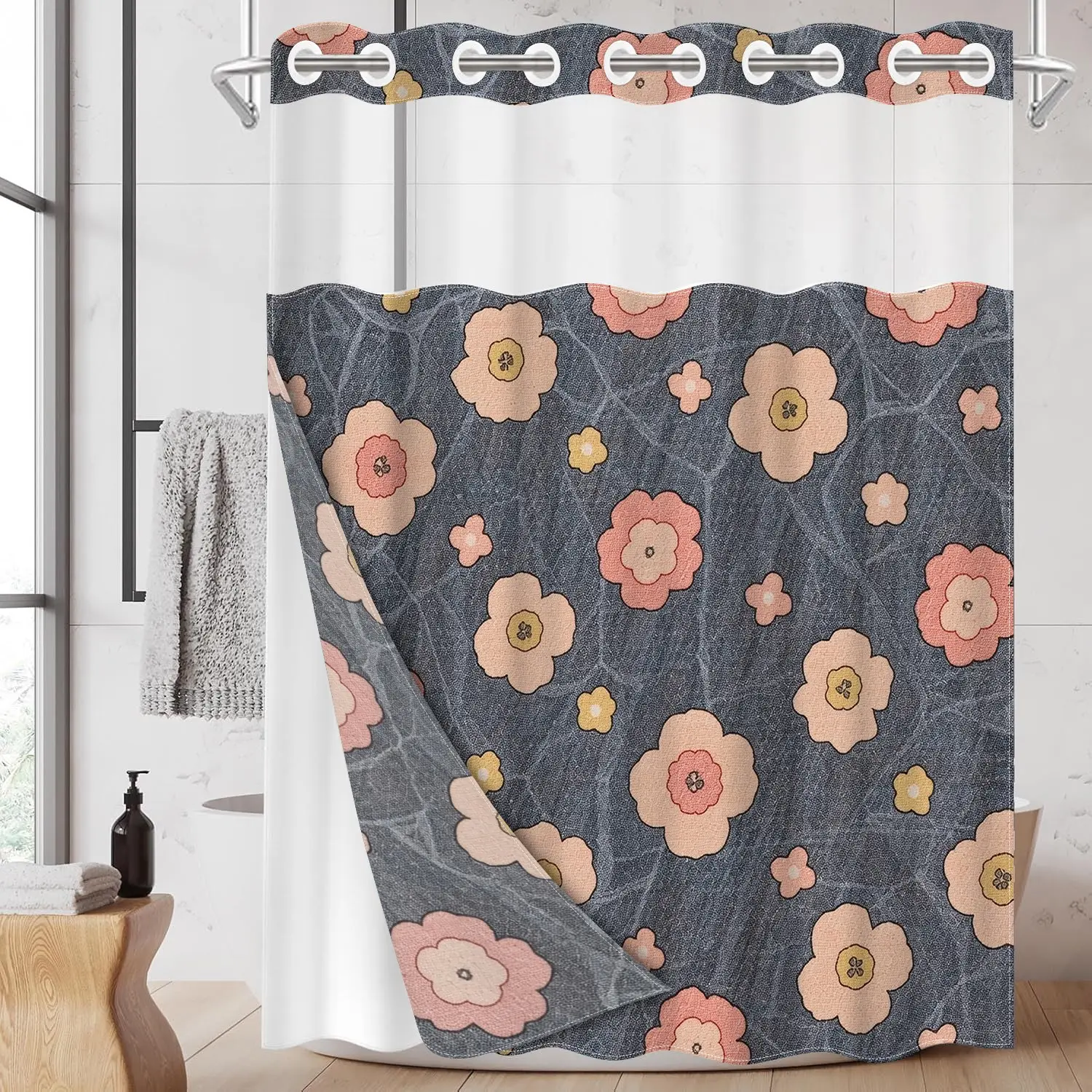 1pc hookless shower curtain with buckle lining, spring pink and gray floral vine Flowers design, 2D flat printing, fabric waterproof lining, see-through double-layer shower curtain, 71 x 74 inches, modern home draping curtain