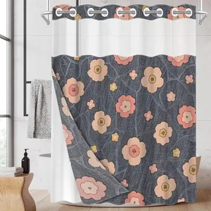1pc hookless shower curtain with buckle lining, spring pink and gray floral vine Flowers design, 2D flat printing, fabric waterproof lining, see-through double-layer shower curtain, 71 x 74 inches, modern home draping curtain