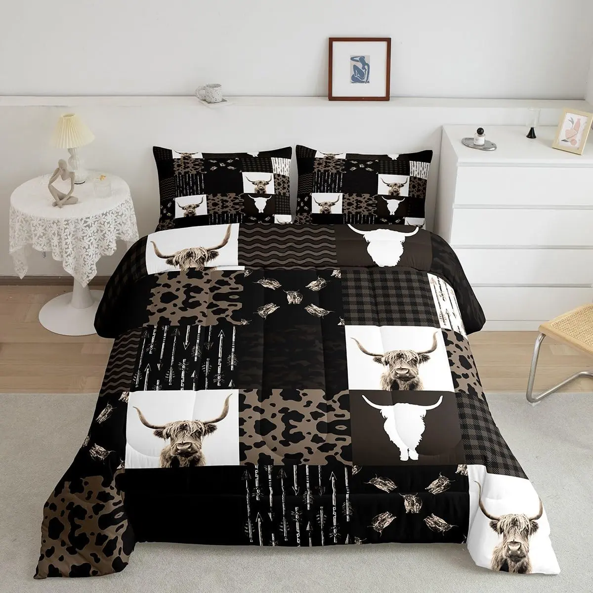 Feelyou Brown Cow Print Highland Cattle Comforter Set - Super Soft Microfiber Breathable Duvet Quilt Bedding Set, Retro Farmhouse Country Style Decorative Queen Size Bedding, Breathable Duvet Set