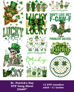 St. Patrick's Day DTF Gang Sheet: 13 Adult Ready To Press Collage Transfers - 23x60, Full-Color Printing, Same/Next Day Shipping