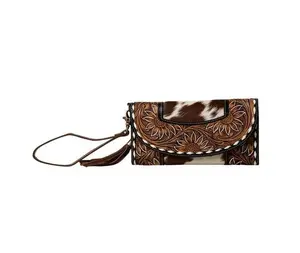 Myra Sandstone Trail-Tooled Floral Wallet | Hair-On Hide Western Wristlet