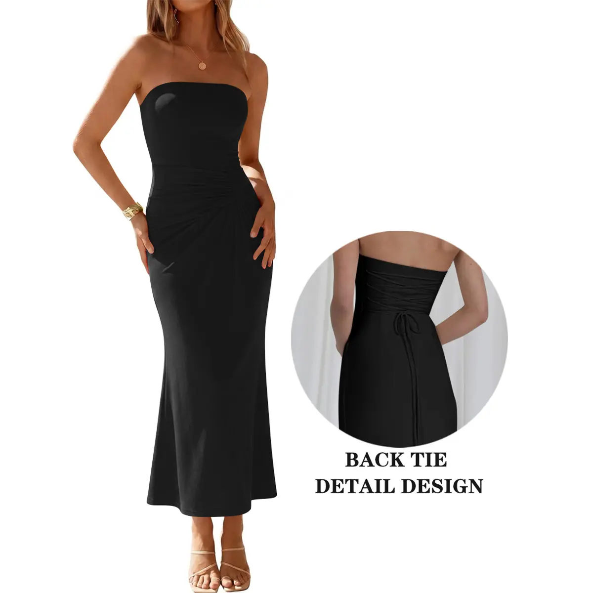 OYS Women's Elegant Strapless Sleeveless Ruched Back Crosss Tie Midi Pencil Party Tube Dress