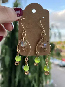 Raindrop Wire Wrapped Earrings | Hippie Boho Elegant Retro Green Beaded Earrings