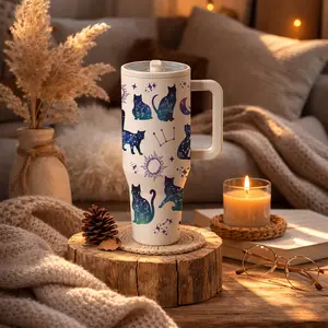 40oz Cat Constellation Tumbler with Handle and Straw, Cute Galaxy Cat Stainless Steel Insulated Cup, Keeps Cold 24H Hot 12H, Leakproof Travel Mug, Aesthetic Gift for Women, Cat Lovers, Birthday Gift Idea
