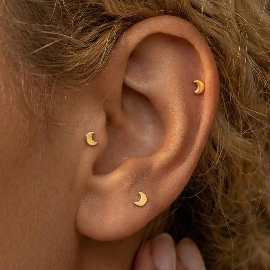 CelestialbyA&J Tiny Moon Threadless Flat Back Stud · 16g 18g Titanium Threadless Hypoallergenic 5-10mm Cartilage Jewelry for Helix, Tragus, Conch