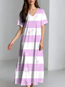 Women's Nautical Striped Long Dress, Anchor Print V Neck Short Sleeve Loose Dress, Side Pockets, Summer Beach Vacation Wear