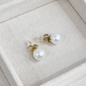 Pearl Stud Gold Plated 14k Earrings - Simple Design with White Pearls and Gold Accents