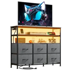 Led Dresser for Bedroom, White TV Stand for 55, 60, 65 inch TV, Entertainment Center with LED Lights & Charging Station, TV Media Console Table with 6 Fabric Drawers and Open Shelves for Living Room, Hallway, Wood Top  RGB LED Lights & Charging Station