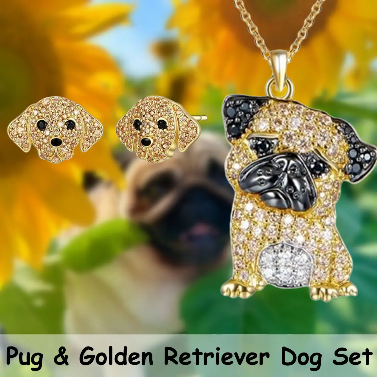 3-Piece Pug Jewelry Set for Women, Shimmering Golden Alloy Pendant Necklace & Stud Earrings, Cute Daily Wear Dog Lover Gift, Animals, Unisex, Birthday, Everyday