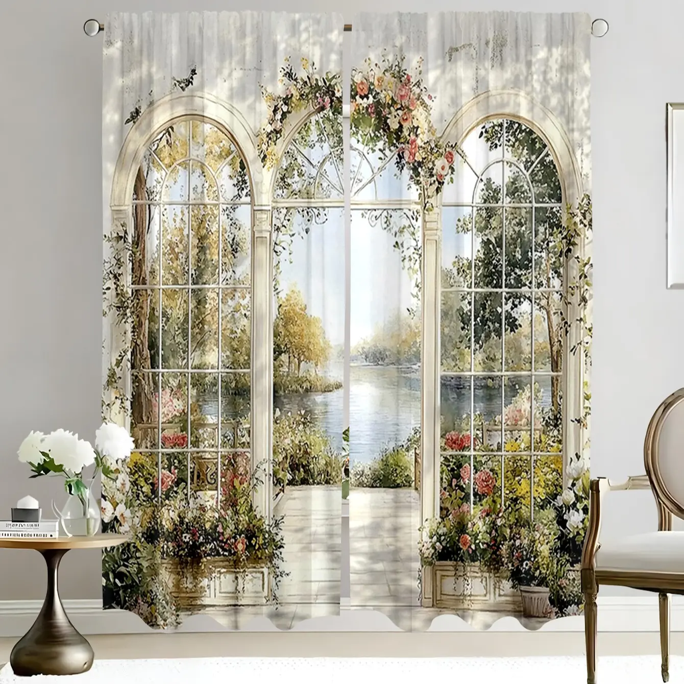 Dreamy Garden Arch Curtain Set, 2-Piece Landscape Print, Perfect for Living Room Poetic Atmosphere Decor, Home Decoration, Window Curtain, Arched Curtain