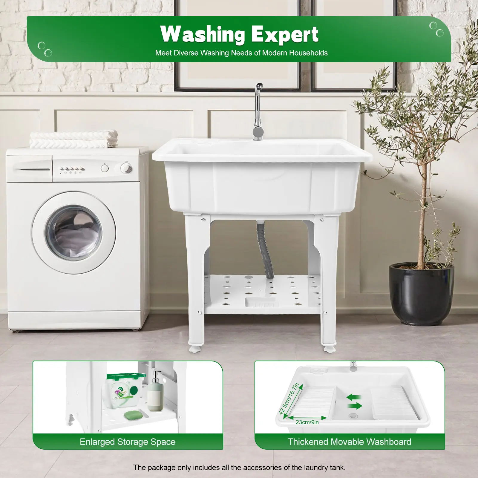 Freestanding Plastic Laundry Sink with Washboard, 360 Rotating Hot Cold Faucet, 154 lbs Capacity, Adjustable Feet, Indoor Outdoor Utility Sink, White