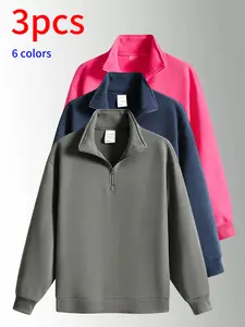 3-pack men’s stand-collar sweatshirts, men’s sweatshirts. Loose fit, half-zip stand collar design, soft, comfortable, skin-friendly fabric, minimalist solid color design, available in multiple colors, suitable for daily commuting, school, shopping, sports