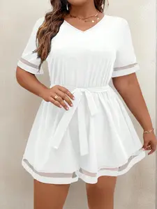 “Plus Size V-Neck Belted Romper for Women  Casual Summer White One-Piece Outfit | Effortless Vacation & Brunch Look”