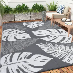 Waterproof Outdoor Rug Tropical Leaf Woven Patio Carpet Double-sided Plastic Straw Rug Large Size Modern Outdoor Rug for Balcony Patio Deck Beach RV