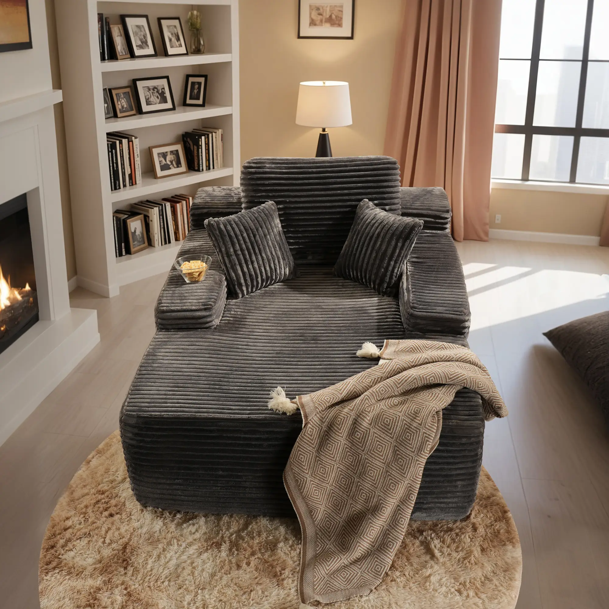 OOSWIFT 49" Oversized Chaise Lounge Indoor, Upholstered Sofa Bed, Sleeper Couch Reading Fluffy Plush Cloud Sofas Couches for Living Room, Black-Plush