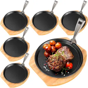 6 Set 8.7 Inch Cast Iron Fajita Plate Set with Wooden Base Anti Scald Protection Removable Handle Sizzling Pan Cast Iron Skillets Sets for Home Restaurant Kitchen BBQ Cooking