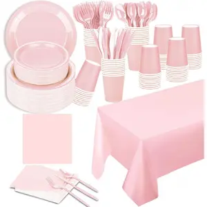 229PCS Pink Party Supplies Set Paper Disposable Plates Cups Plastic Spoons Forks Knives Pink Napkins for 30 Guests Disposable Party Dinnerware Sets for Wedding Birthday Parties
