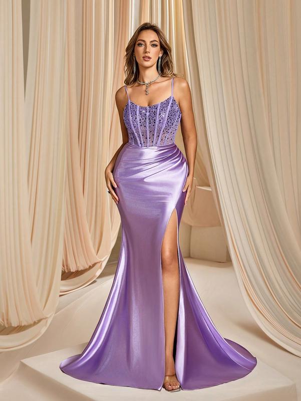 Lavender Spaghetti Strap Mermaid Evening Gown Lace Sequined Bodice Satin Fabric High Slit Formal Event Wear Spring Collection Womenswear Workwear Maxi Basic Minimalist