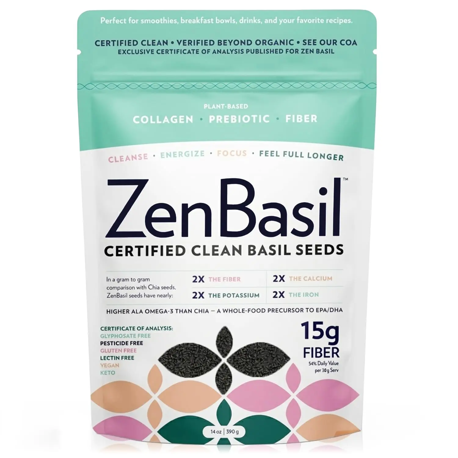 Zen Basil Seeds | edible basil seeds, kosher, non-gmo, lectin free, gluten free, plant based, keto, paleo, vegan | 15g fiber per/serv | 14oz | more fiber than chia seeds | prebiotic