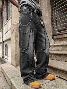 Black and gray loose straight-leg wide-leg jeans, decorated with cross-shaped Distressed frayed patches, paired with an overall faded and vintage finish, trendy street-style washed and vintage Y2K denim pants