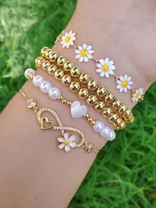 Boho Style Daisy & Heart & Beaded Decor Bracelet, Fashionable Jewelry for Women & Girls, Trendy All-match & Exquisite Jewelry for Birthday Gift, Beaded Bracelet Set