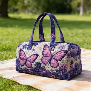 Butterfly Quilted Duffle Bag for Women, Purple Floral Weekender Travel Tote, Carry On Overnight Bag for Vacation, Gym, Dance & Weekend Trips