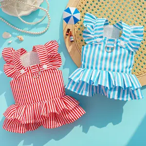 Pet Clothes Dog Cat Princess Dress Flying Sleeve sleeveless Cute Costume Stripes Breathable With Leash Ring D00043