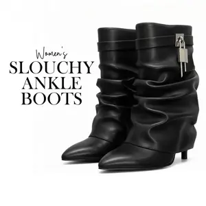 CYNLLIO Women's Ankle Boots Pointed Toe Stiletto High Heels Fashionable Metallic Buckle Slouchy Bootie Comfy Office Outing Party Clubbing Fall Winter Shoes