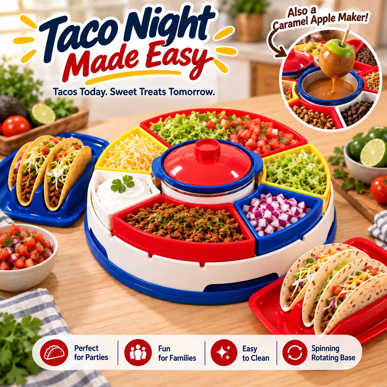 Heated Taco Bar Serving Set - Cooking Accessories Home Kitchen Accessory with Removable 20-oz Warming Pot, 6 Topping Trays, 4 Taco Holders, Rotating Base for Parties, Family Dinners
