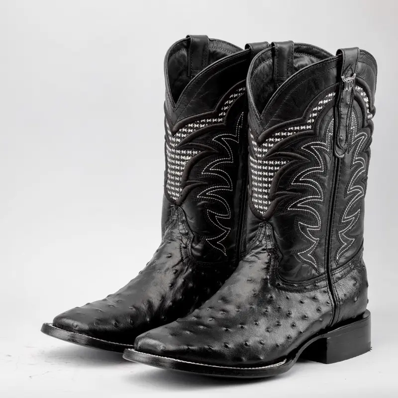 Black Ostrich Leather PRINT Boots - Square Toe