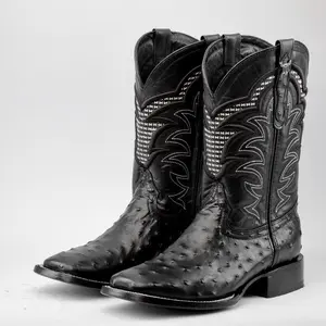 Black Ostrich Leather PRINT Boots - Square Toe