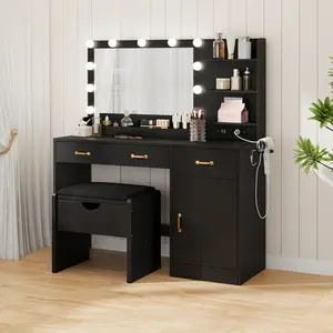 Vanity Desk with Large Mirror and 11 Bright Bulbs, Makeup Vanity with Built-In Power Outlet, 3 Drawers and Storage Shelves, Dressing Table for Bedroom or Dressing Room, Vanity Makeup Desk, Bright Lights
