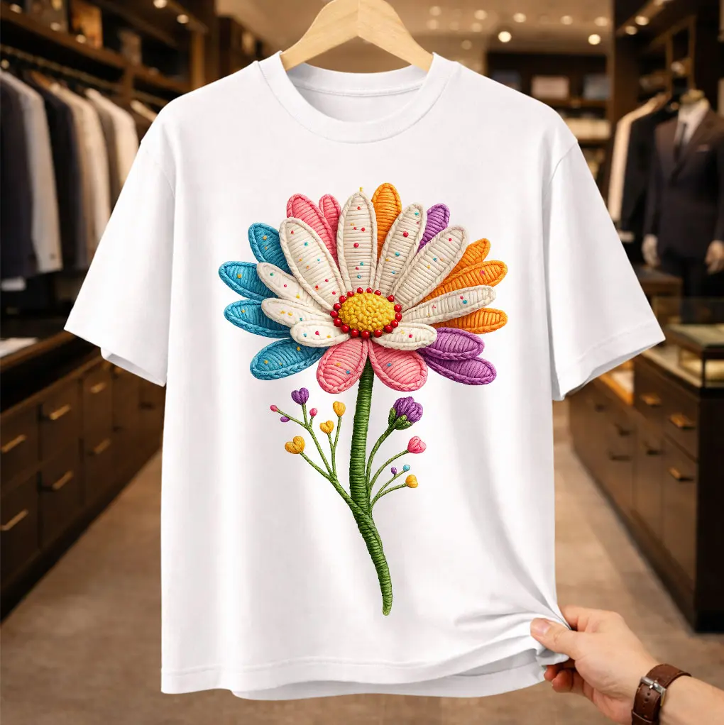 Unisex Streetwear T-Shirt with 3D Faux Embroidery Daisy Graphic, Baggy Fit Soft Cotton Blend for Summer Casual Wear, Vibe