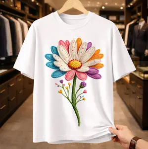 Men's Oversized Short-Sleeve Classic T-Shirt - 3D Handmade Embroidery Flower Graphic, Yarn-Enhanced Vibrant Boho Aesthetic, Menswear Spring Summer Top for Teens