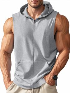 men's solid zip up hooded tank top, breathable sleeveless hoodie, casual sporty top for gym workout running, men's clothes for summer
