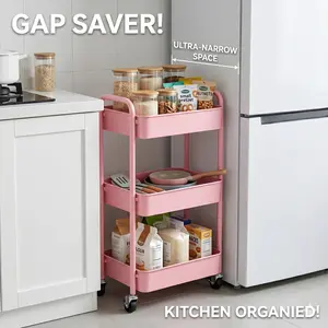 3 Tier Pink Rolling Storage Cart | Multi-Purpose Utility Organizer with Wheels for Bedroom, Kitchen, Bathroom & Dorm Room, Space-Saving Mobile Shelf