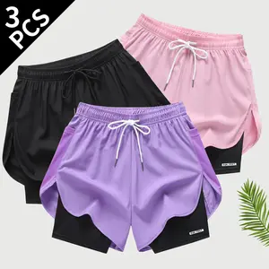 Women's Illusion Two-Layer Quick Dry Running Shorts, Fake Split Hem Athletic Gym Shorts, Breathable Lightweight Sport Bottoms with Built-in Lining Look, for Summer Training & Fitness