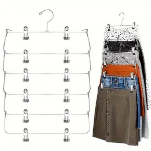 6-layer practical stainless steel folding clothes hanger - saves space, multi-layer wardrobe organizer, can store jeans and skirts, suitable for bedroom storage, bathroom drying and hanging clothes, Metal Hangers for Clothes