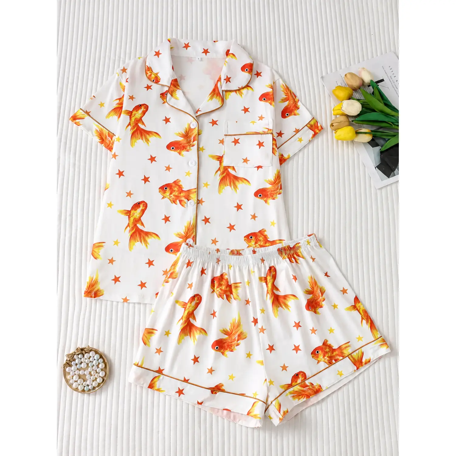 Goldfish Star Women's Pajama Set - Collared Button-Down Top & Loose Shorts for Relaxed Home Wear
