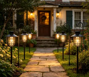 Elegant Black Metal Solar Lantern Floor Plug with Warm Yellow Light - Ideal for Garden, Trail, and Outdoor Decor, IP44 Rating, Solar Charged Nickel Battery, Capacity, Push Button Control, Modern Garden Lamp | Durable Solar Panel, Solar Lanterns