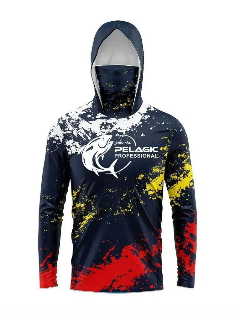 Men's Lure Print Ice Silk Fishing Hoodie, UV-Protective Long-Sleeve Top with Built-in Face Mask for Outdoor Fishing, Machine Washable, Camouflage, Male, Sporty Chic, Fashionable, Quick-Dry, Loose-Fitting