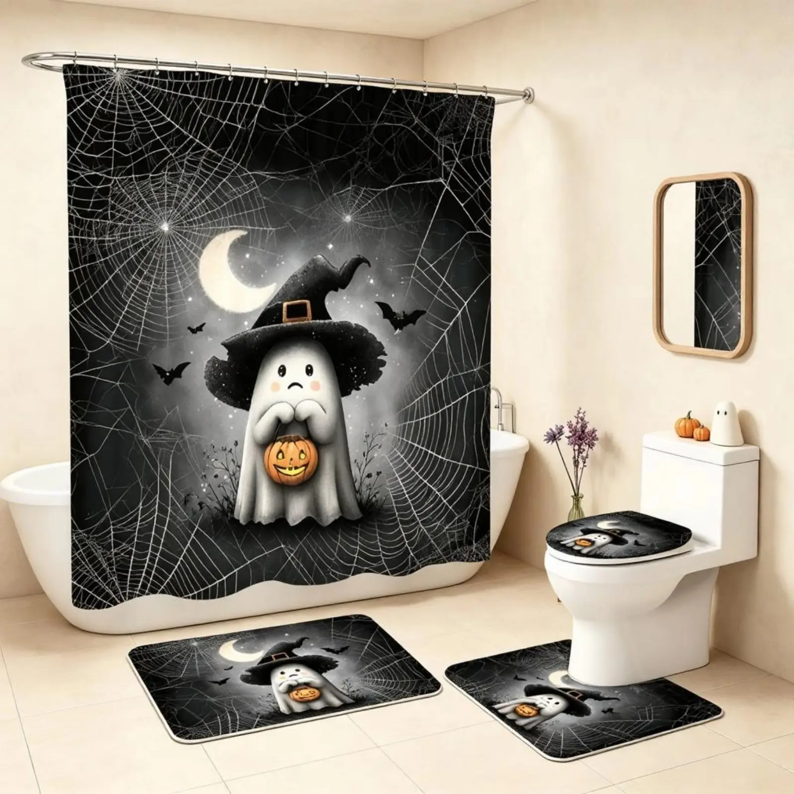 Halloween Black Cat & Ghost 4-Piece Bathroom Set with 12 Shower Hooks, Cute Pumpkin Bat Moon Cloud Star Print Shower Curtain, Non-Slip Absorbent Bath Mat, Contour Rug  Toilet Lid Cover, Bathroom Decor Kit for Girly Bathrooms, Halloween Party Decor