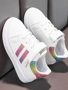 Fashionable Star Pattern Velcro Design White Sneakers, Casual Comfortable Sports Running Shoes for Boys & Girls, All-match Round Toe Shoes for Daily Wear, Casual Low Top, Round Toe Trainers