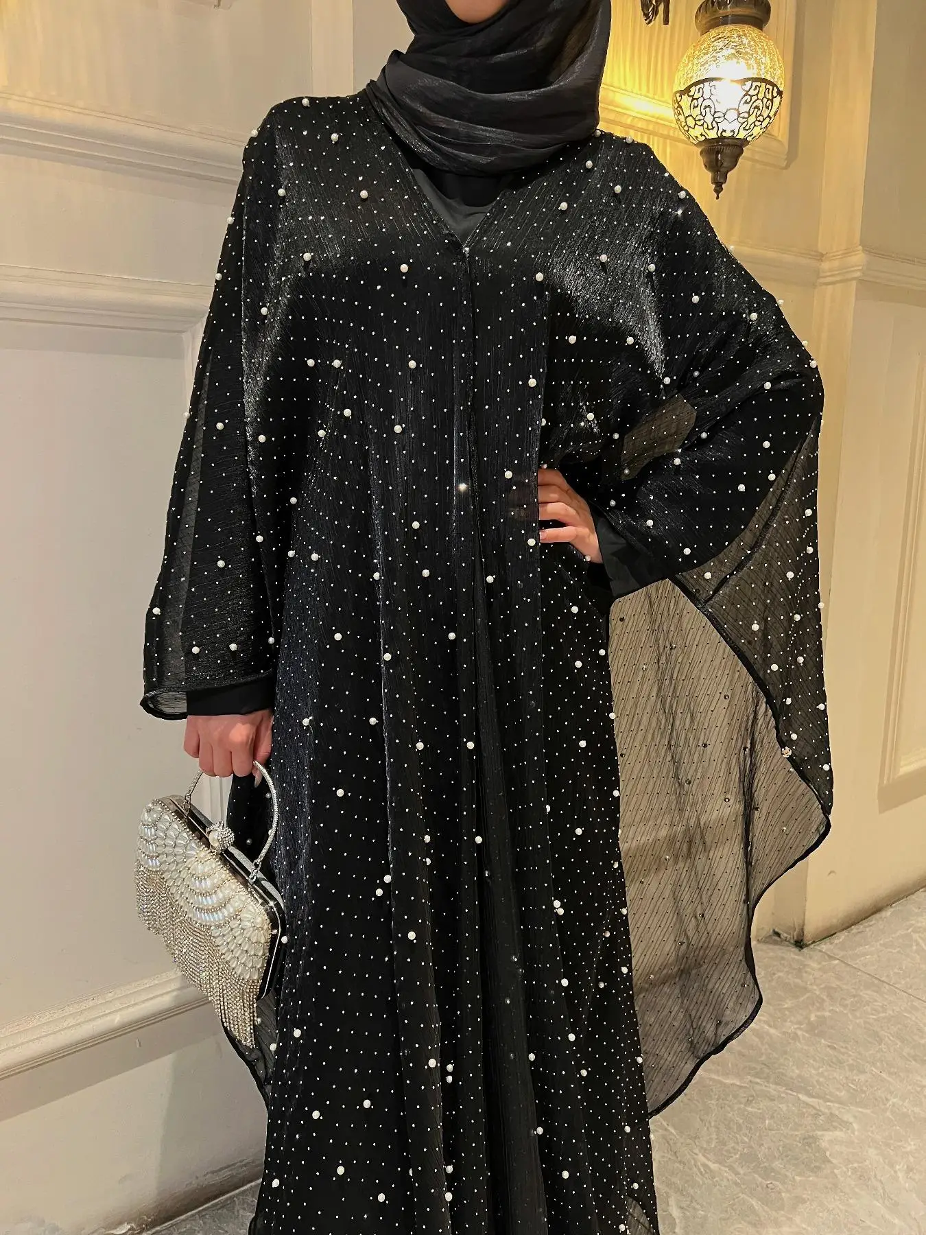 Women's Faux Pearls & Rhinestones Decor V Neck Abaya & Long Sleeve Round Neck Long Dress Set, Modest Fashion Two-piece Set for Daily Wear, Women's Isl