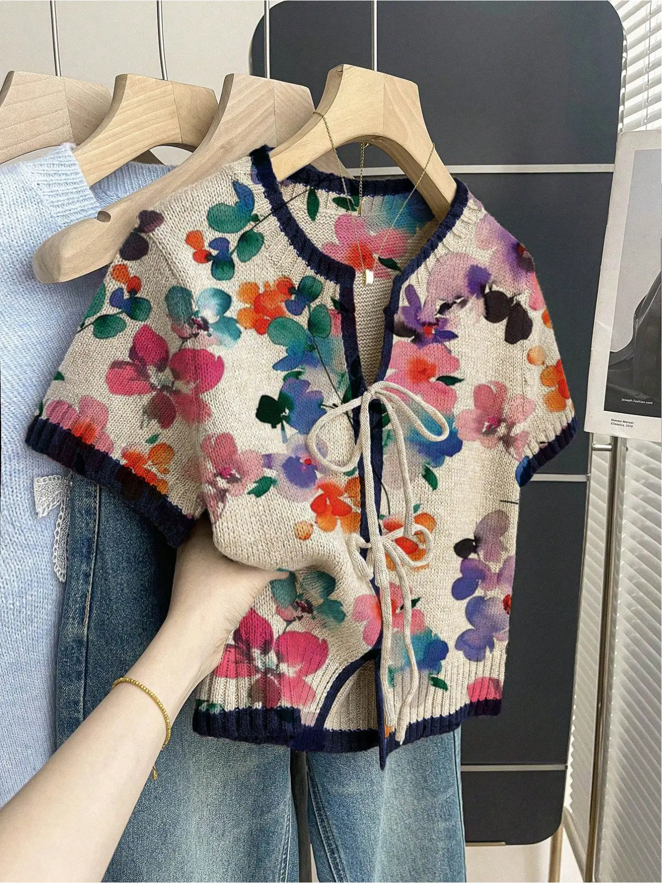 Women's khaki bohemian vacation short-sleeve knit top. Loose round neck, contrast patchwork Boho floral print, front tie and contrast piping. Comfortable for spring & summer casual wear. Womenswear